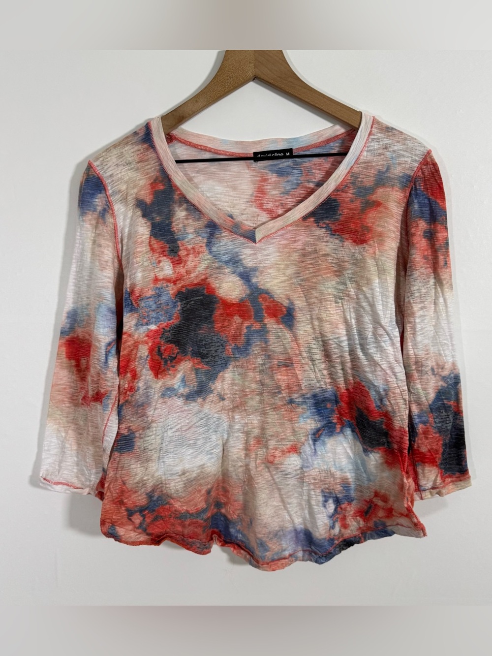 DAVID CLINE Crushed Long Sleeve Abstract Print V-Neck Top In Desert Sz M